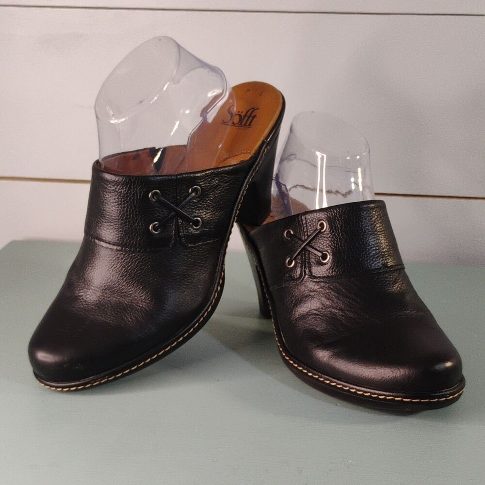 Sofft Black Leather Mule Heels Lace-up Accent Slip On Women's 8 Solid Closed Toe